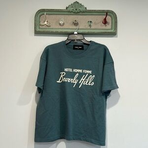 New Homme + femme cropped short sleeve teal T-shirt graphic nightlife medium tee